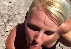 she sucks and swallows on hiking trail