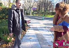 Elena de la Vega hunts for a stallion on the street, flashing her big tits and bending over.