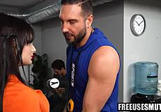 Young brunette used like a toy by personal trainer in gym blowjob