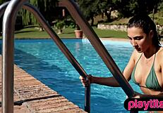 Luscious Latina beauty strips naked by the pool exposing big ass