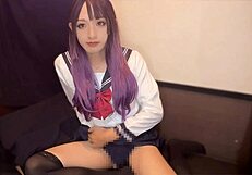 beautiful asian ladyboy in crossdressing cosplay quietly masturbates with cute anal