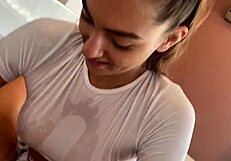 Yoya Grey, the tall 18yo waitress, gets intense wet clothed sex in doggystyle and cowgirl