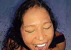 Man, this submissive milf just takes it all outdoors on the rooftop. Bricklayer dominates with facial and golden shower!