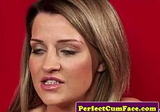 The bigtitted babe feels ecstatic during her messy facial cumshot.