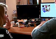 blonde secretary babe assists larry in office duties