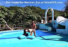 Tattooed latina getting freaky by the pool