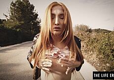 horny redhead cums hard with nipple clamps and ball gag in bound masturbation