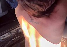 Real escort with huge tits getting fucked doggystyle in public, watching herself cum