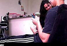 Slim Waist Brunette With Big Ass Seduces Tattooed Bodybuilder