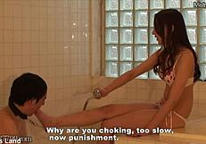 Japanese Femdom Risa Forces Slave Under Water in Bathtub