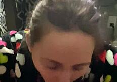 She kneels at the desk for a wet blowjob, sucking big cock in POV until cum in mouth during game.