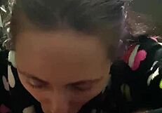 She kneels at the desk for a wet blowjob, sucking big cock in POV until cum in mouth during game.