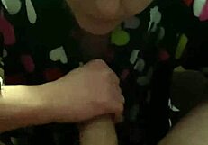 She kneels at the desk for a wet blowjob, sucking big cock in POV until cum in mouth during game.