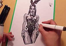 Drawn hot sexy girl in latex quick sketch with markers