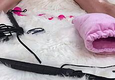 wow, I massaged her oiled body then slammed her tight holes with a glass dildo!