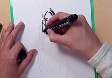 Drawn hot sexy girl in latex quick sketch with markers