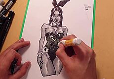 Drawn hot sexy girl in latex quick sketch with markers