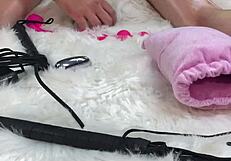 wow, I massaged her oiled body then slammed her tight holes with a glass dildo!