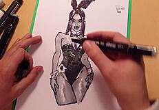 Drawn hot sexy girl in latex quick sketch with markers