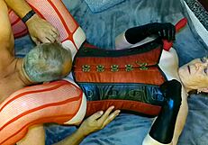 Steampunk granny fingers her pussy and cums hard