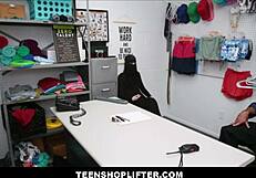 Petite blonde teen Delilah Day, caught shoplifting with clothes under hijab, gets her small tits ripped and fucked hard by the officer in the office.