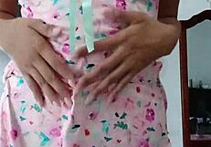 model in sexy pink pajamas seduces innocent colleague