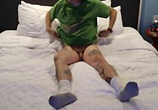 Shemale sucks dick, gets anal creampie in doggie and missionary positions in hotel