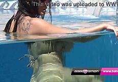 Mature Milf Leah Strips Naked by the Pool, Revealing Shaved Pussy