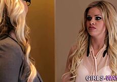 Blonde lesbian rides toy hard!