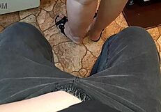 Neighbor in miniskirt cooks while I jerk off