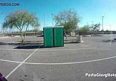 chubby slut at public gloryhole swallows cum