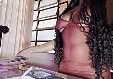 Beautiful Girl Strips and Rips Clothes for Shaved Pussy Play