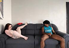 She masturbates for big black cock but he's scared