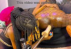 Step mom guides step daughter on riding the sex machine with licking and sucking