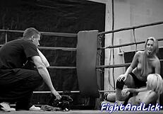 Petite European babe wrestles busty lesbian in close-up fight