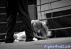 Petite European babe wrestles busty lesbian in close-up fight