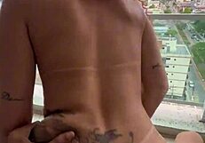 Naughty Carioca pounds Japanese pussy hard on hotel balcony POV