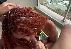 Naughty Carioca pounds Japanese pussy hard on hotel balcony POV