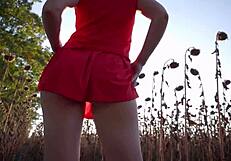 Hot milf in short skirt teases her sexy thong ass outdoors