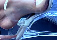 Intense jerking off with pleaser shoes and spitting toes