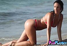 Joelina's Heart Races as She Poses Naked on the Beach, Exposing Her Big Tits