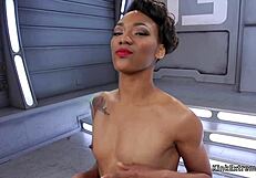 The EBONY babe with SMALL TITS gets FUCKED by the MACHINE