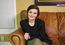 Short-haired brunette Kylie passionately sucks a monster cock and swallows the cum.