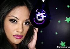 Samantha Saint enjoys lesbian oral with big tits under black light