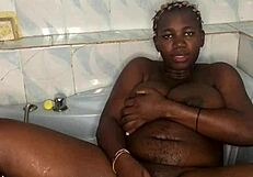 bathroom solo with huge dildo squirting on natural big tits