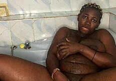 bathroom solo with huge dildo squirting on natural big tits