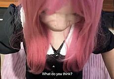 step sister emotionally tries on blowjob uniform and shows submissive skills to step brother