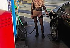 flashing at a petrol station in public outdoor area