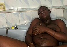 bathroom solo with huge dildo squirting on natural big tits