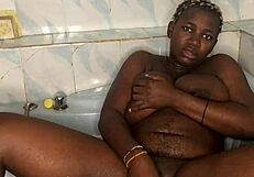 bathroom solo with huge dildo squirting on natural big tits